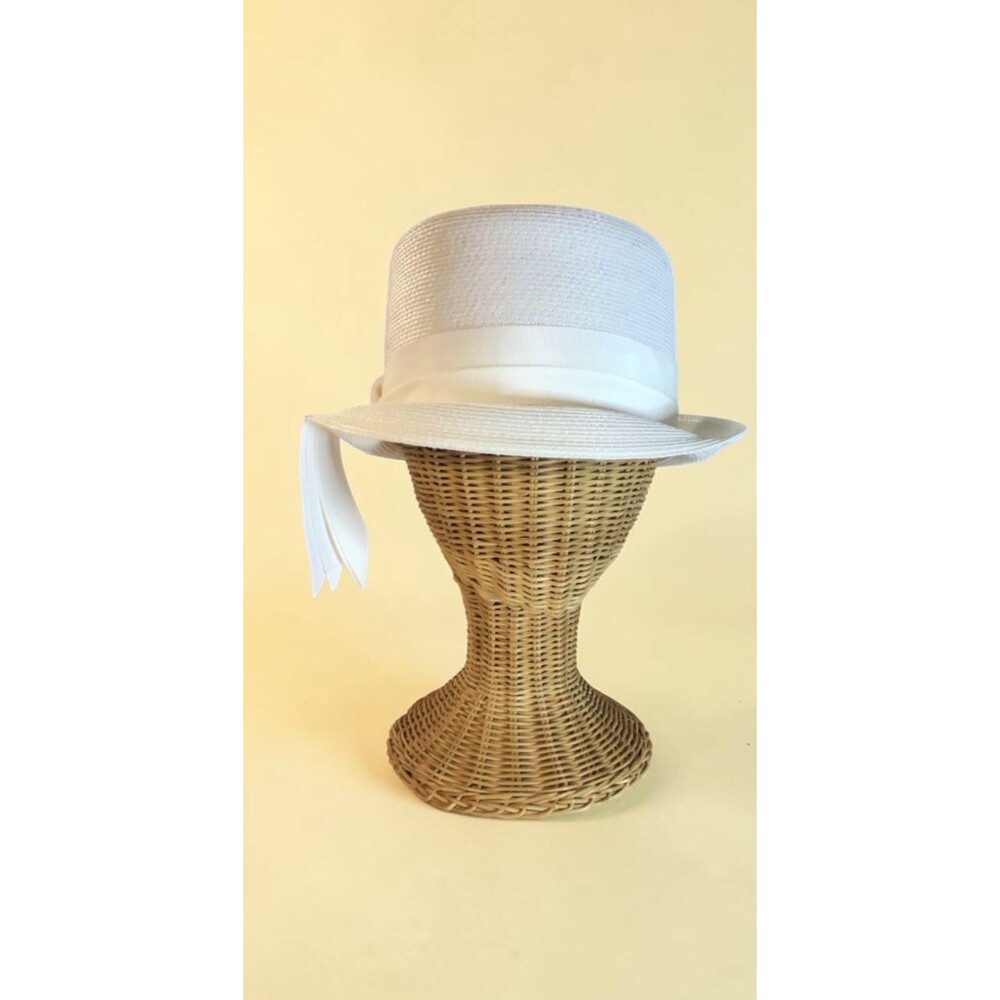 Vintage Valerie Modes White Straw Cloche/Bucket Hat, Size M, Ribbon,Mod